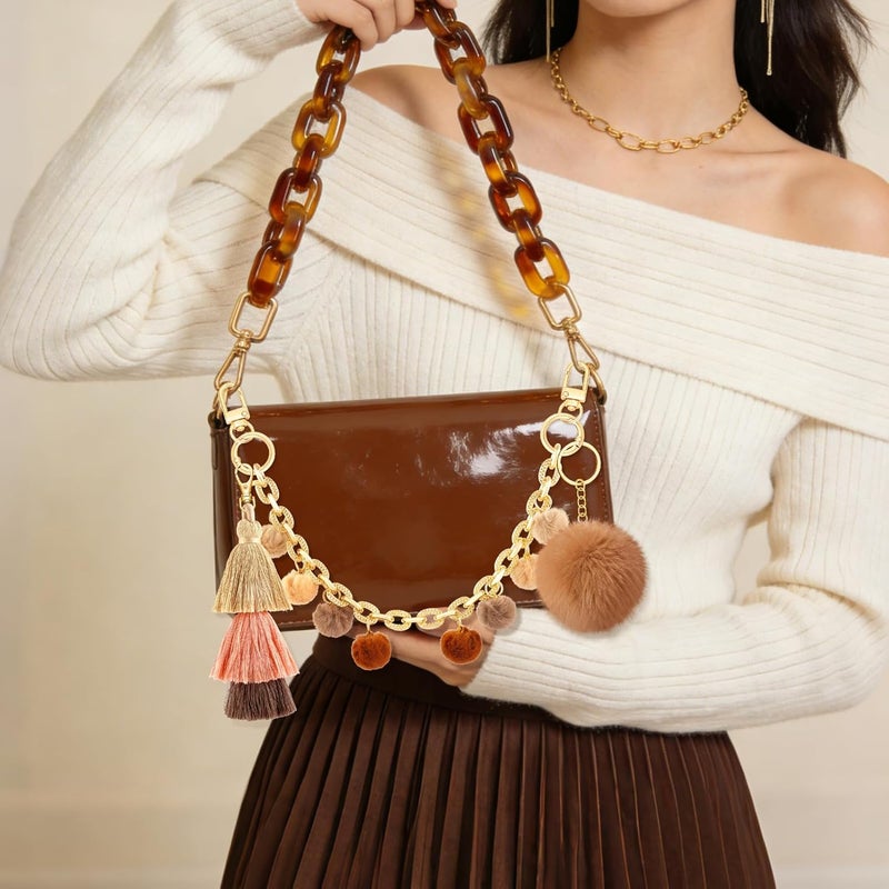 TUCEWP Boho Purse Chain Strap 13.7 Inch Chunky Metal Bag Handle Shoulder Strap Replacement with Pom Pom Pendant Fringe Keychain Charms Vintage Handbag Decoration Chain Bag Accessories Charms for Women - Image 3
